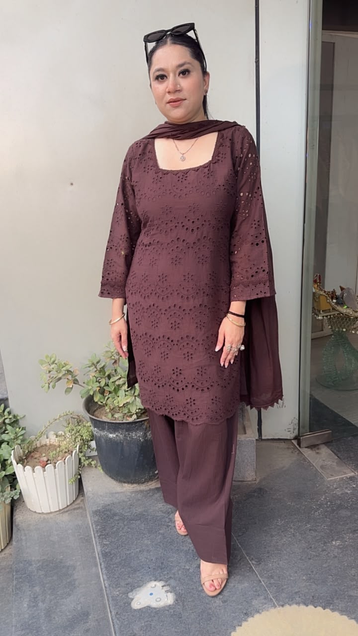 Coke Brown Chiffle Farshi Salwar Cotton Designer Suit