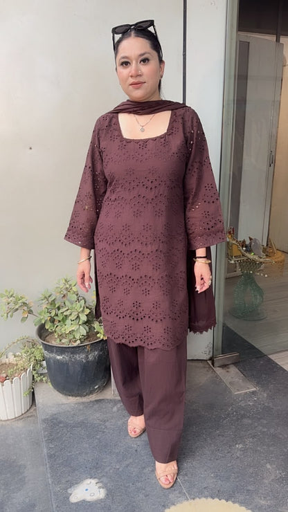 Coke Brown Chiffle Farshi Salwar Cotton Designer Suit
