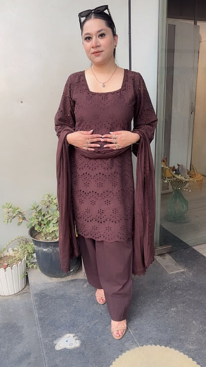 Coke Brown Chiffle Farshi Salwar Cotton Designer Suit