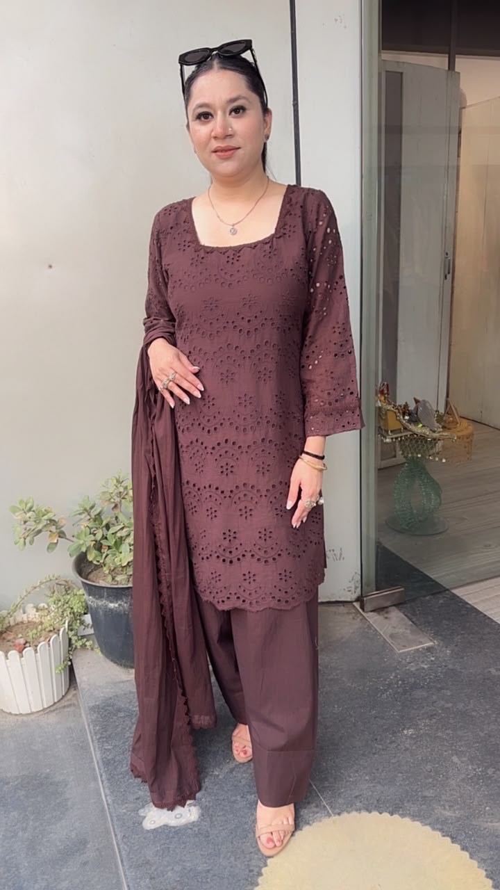 Coke Brown Chiffle Farshi Salwar Cotton Designer Suit