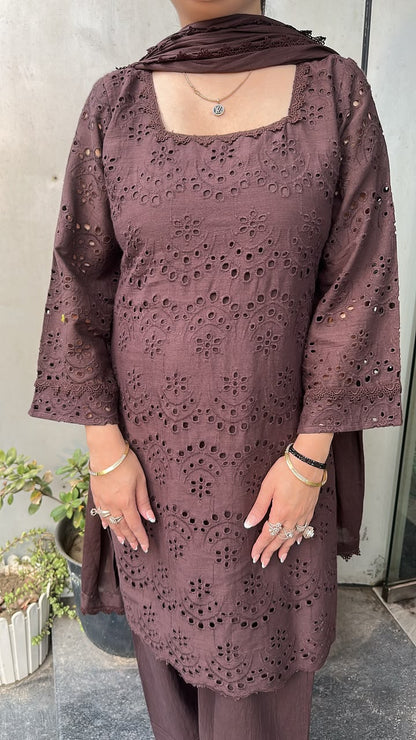 Coke Brown Chiffle Farshi Salwar Cotton Designer Suit