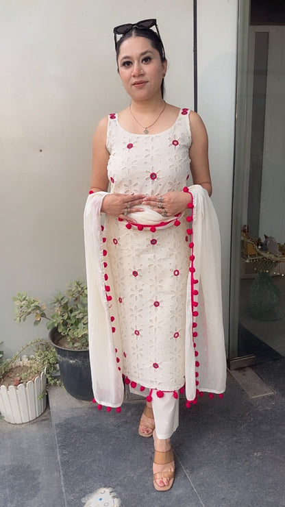 Pearl Ivory Pink Chiffle Designer Suit (Sleeve Fabric Attached)