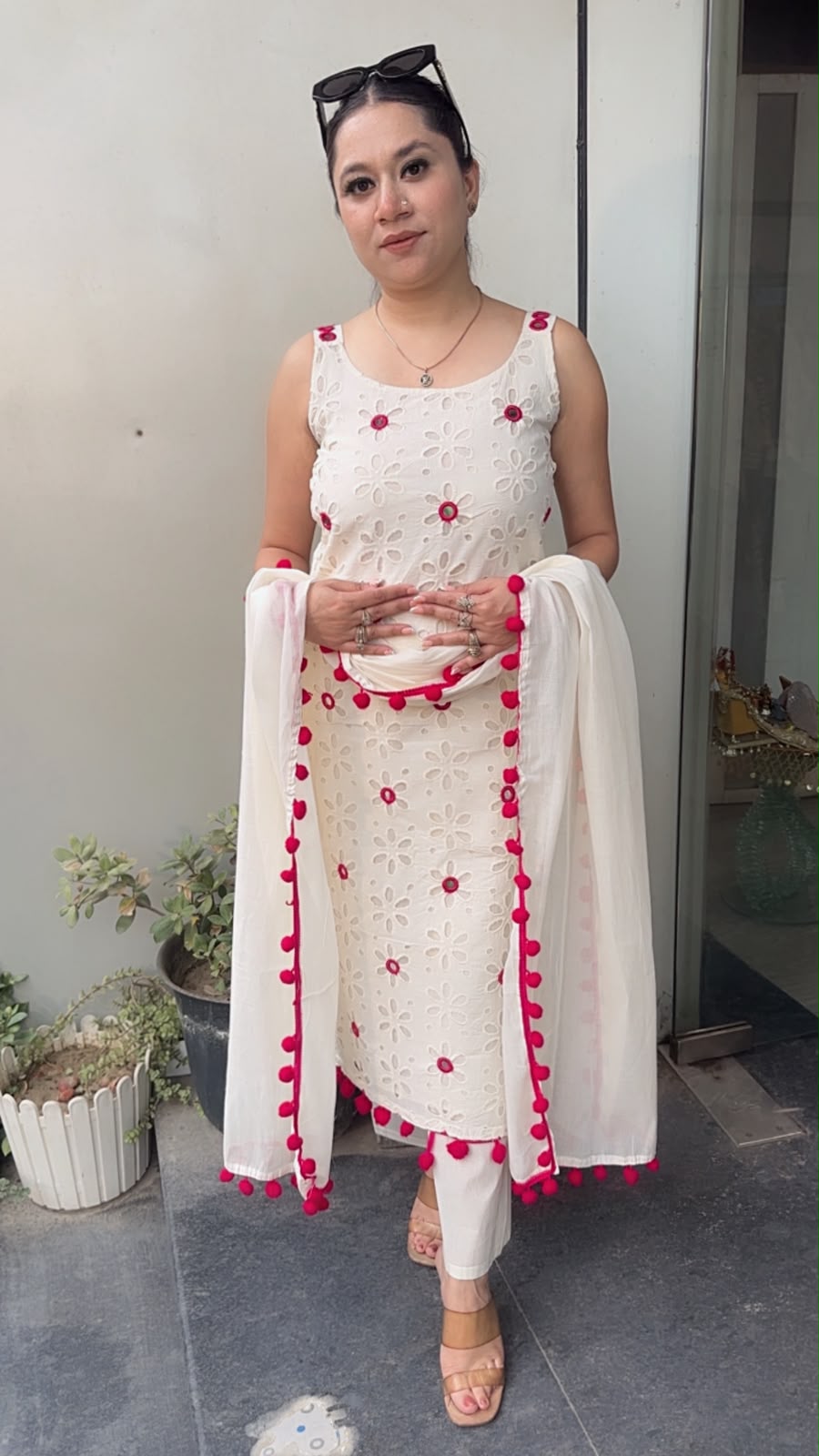Pearl Ivory Pink Chiffle Designer Suit (Sleeve Fabric Attached)