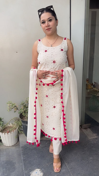 Pearl Ivory Pink Chiffle Designer Suit (Sleeve Fabric Attached)
