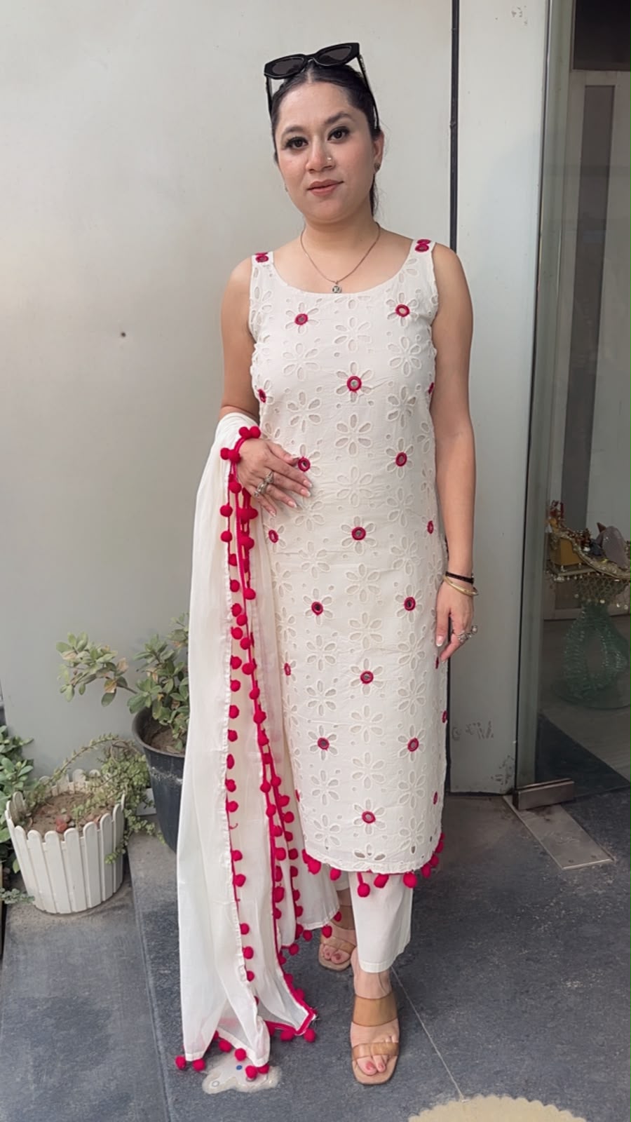 Pearl Ivory Pink Chiffle Designer Suit (Sleeve Fabric Attached)