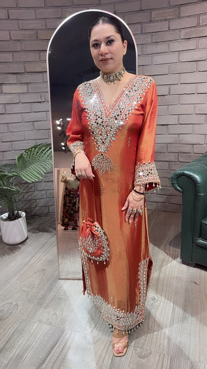 Kainaat Rust Mirror Dress with Potli and pants
