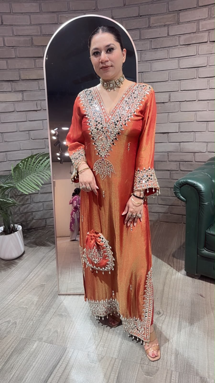 Kainaat Rust Mirror Dress with Potli and pants