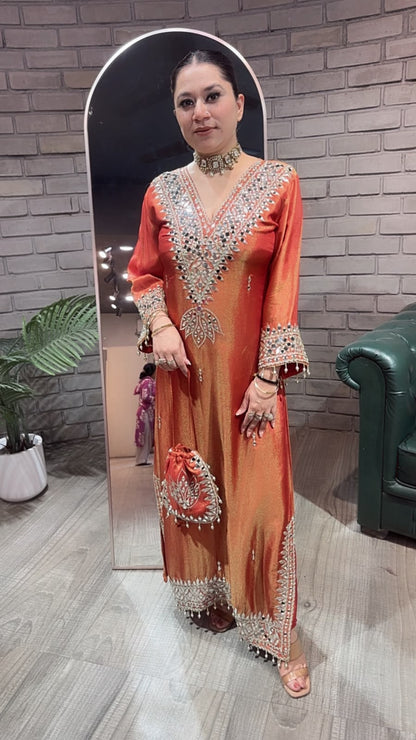 Kainaat Rust Mirror Dress with Potli and pants