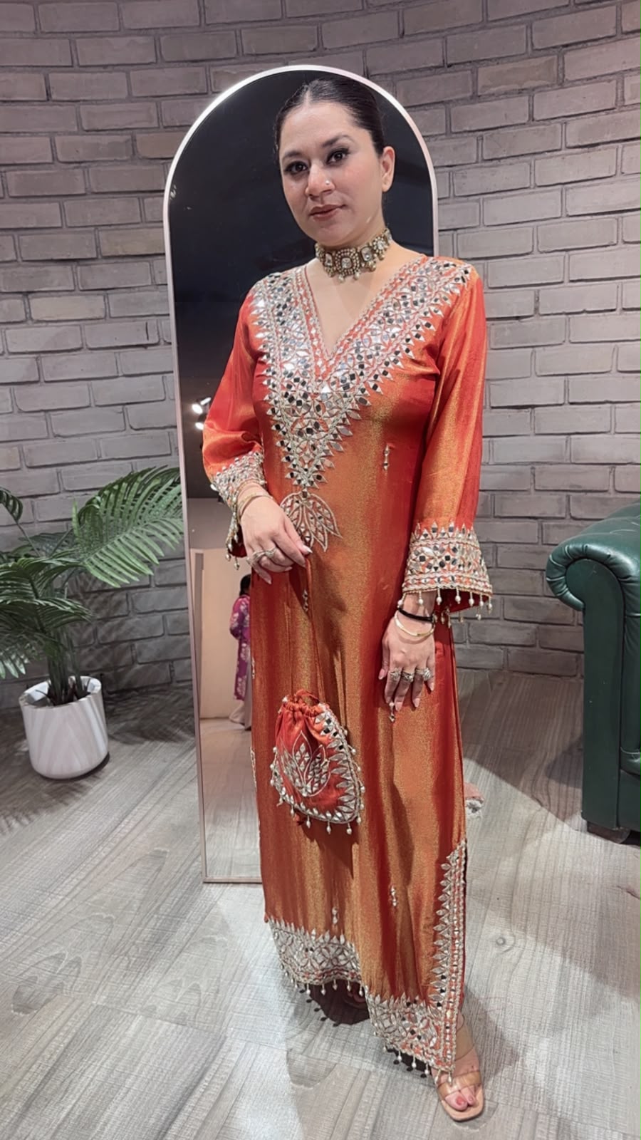 Kainaat Rust Mirror Dress with Potli and pants