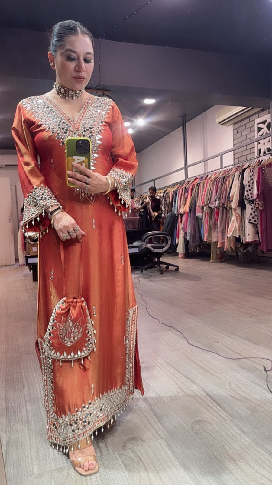 Kainaat Rust Mirror Dress with Potli and pants