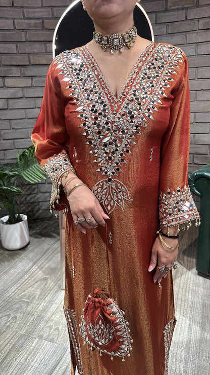 Kainaat Rust Mirror Dress with Potli and pants