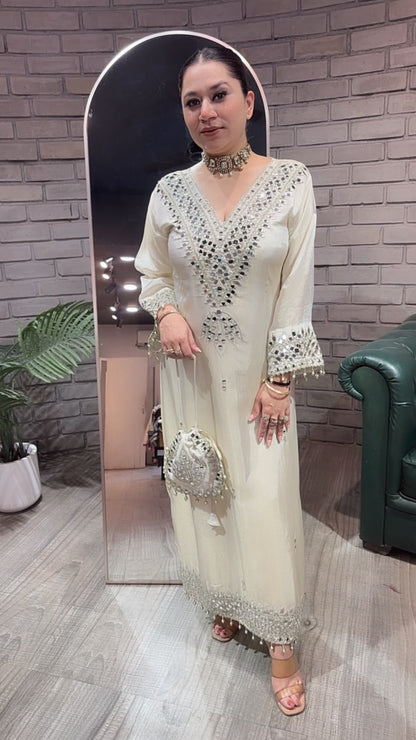 Kainaat ivory Mirror Dress with Potli and pants