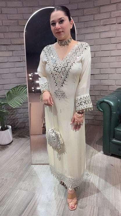 Kainaat ivory Mirror Dress with Potli and pants