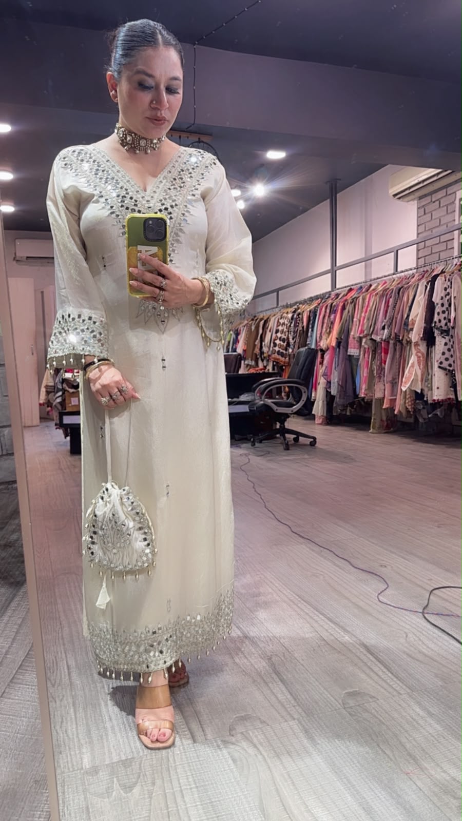 Kainaat ivory Mirror Dress with Potli and pants