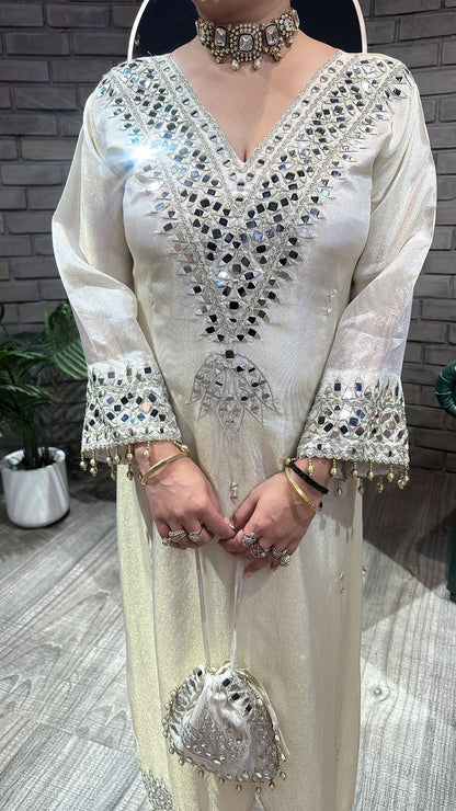 Kainaat ivory Mirror Dress with Potli and pants