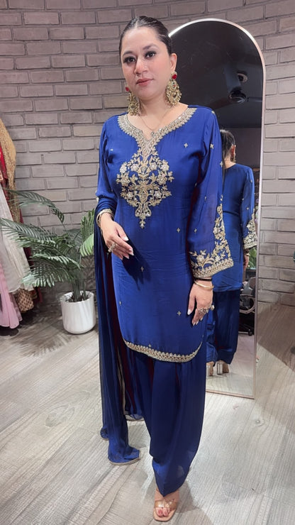Mehru Electric Blue Farshi Salwar Designer Suit