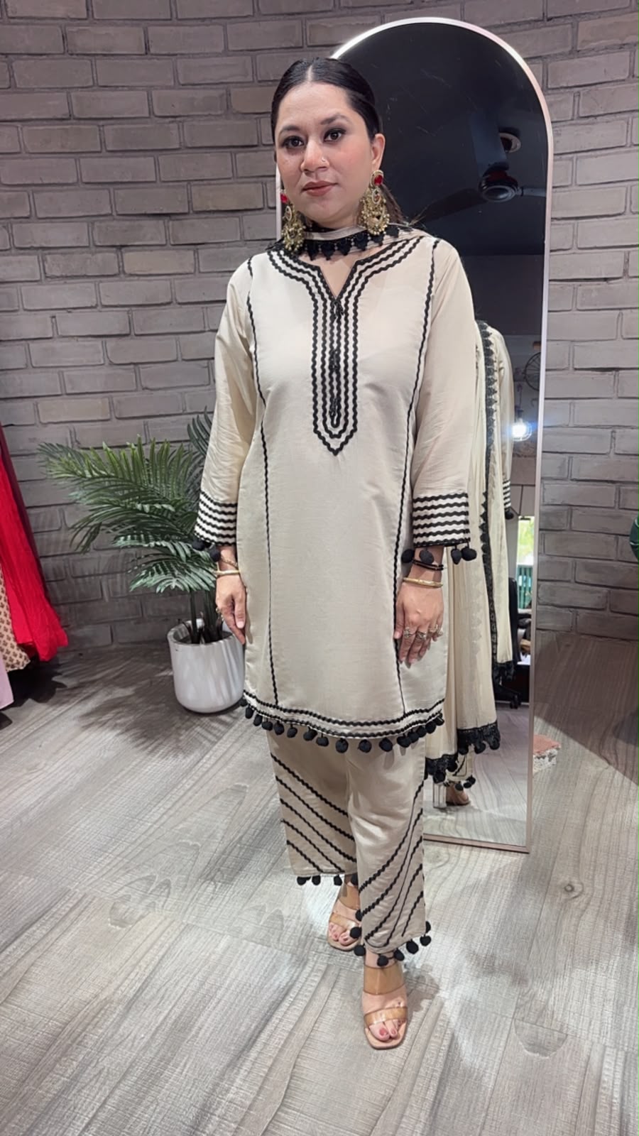 Kiki Beige Black Pom Pom Designer Suit