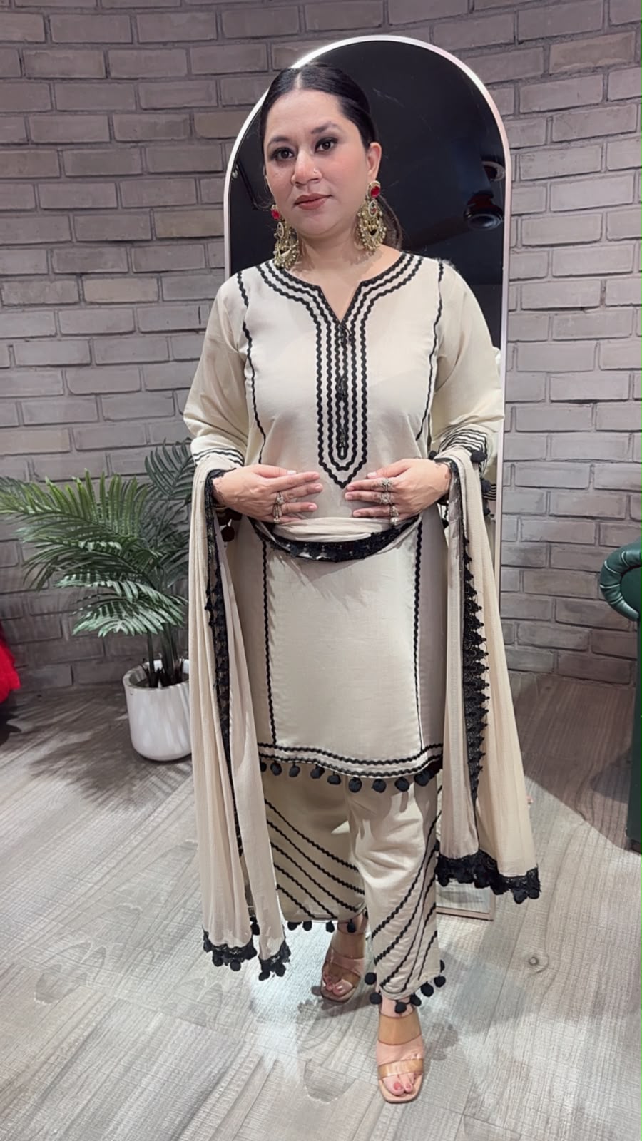 Kiki Beige Black Pom Pom Designer Suit