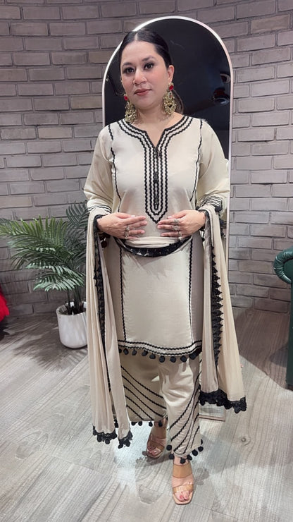 Kiki Beige Black Pom Pom Designer Suit