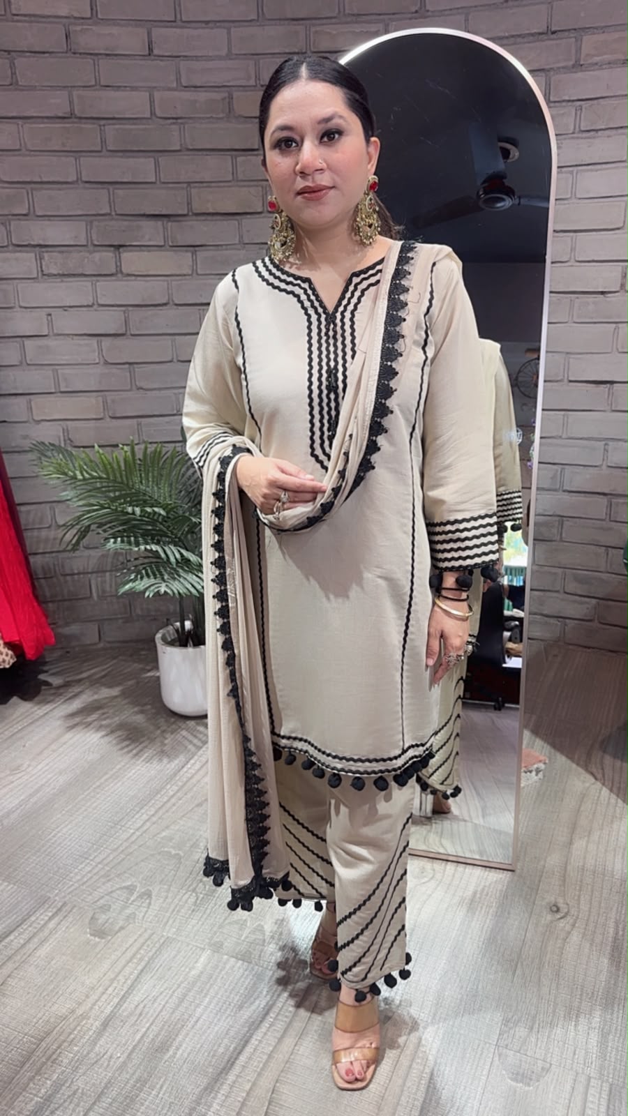Kiki Beige Black Pom Pom Designer Suit
