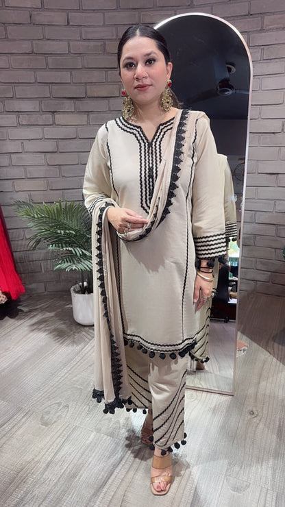 Kiki Beige Black Pom Pom Designer Suit