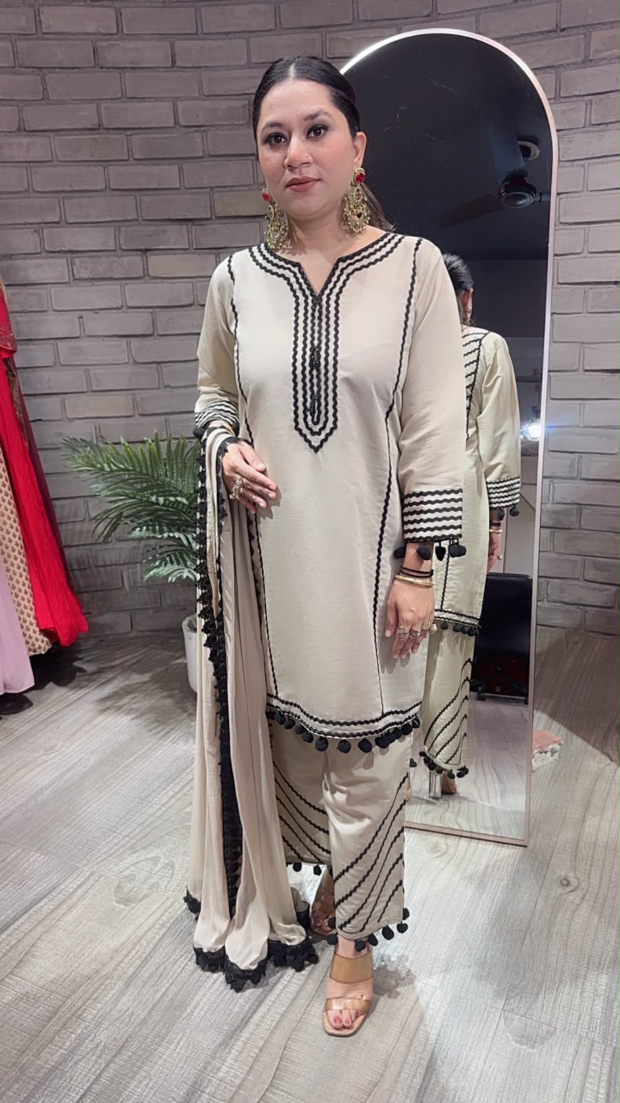Kiki Beige Black Pom Pom Designer Suit