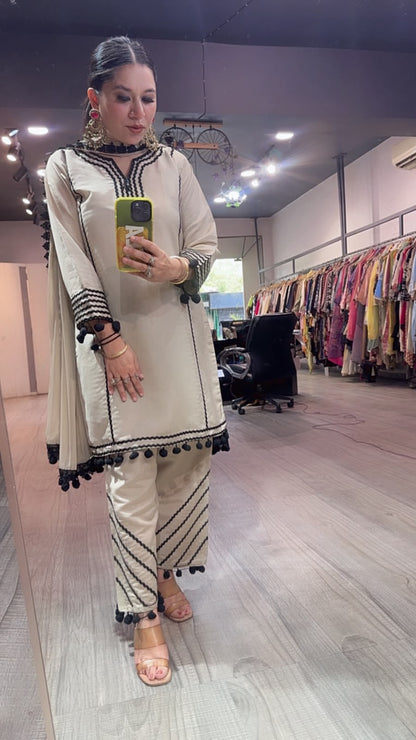 Kiki Beige Black Pom Pom Designer Suit