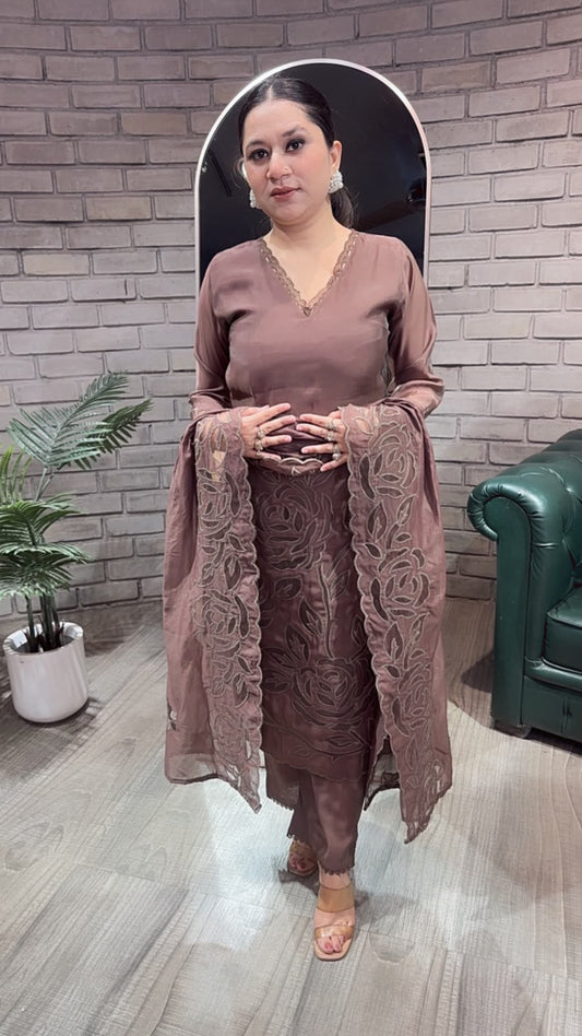 Tavas Coffee Brown Applique Designer Suit