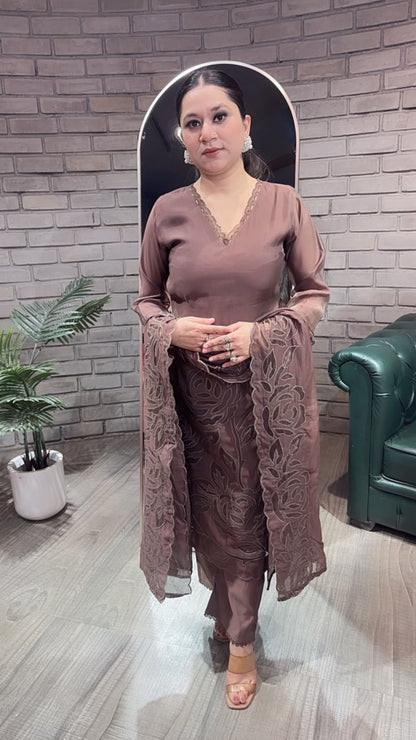 Tavas Coffee Brown Applique Designer Suit