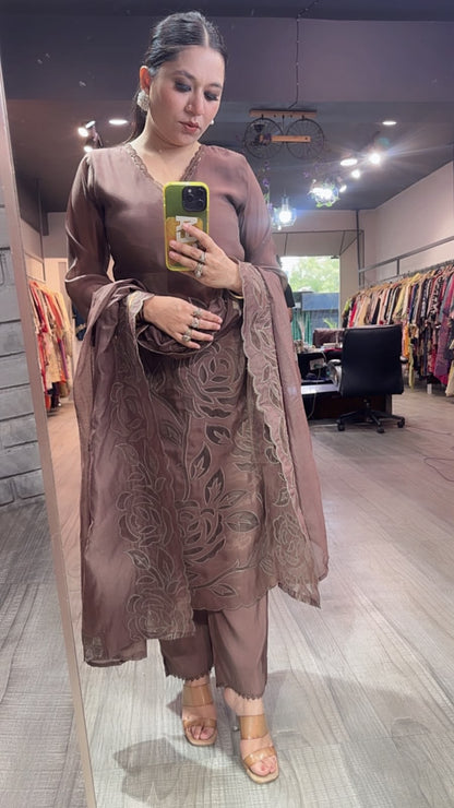 Tavas Coffee Brown Applique Designer Suit