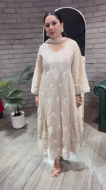 Tamana Beige chikankari Anarkali Designer Suit