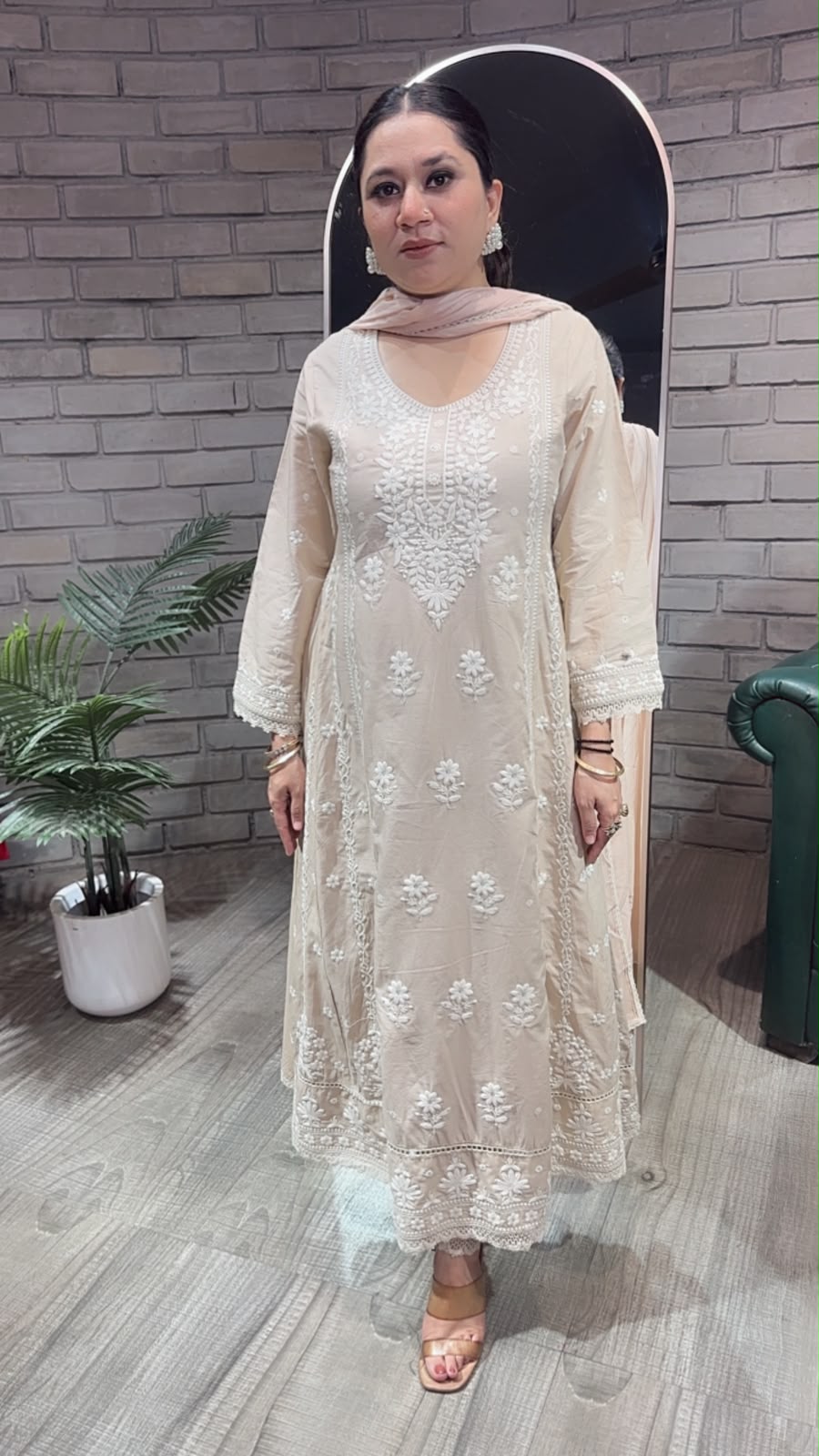 Tamana Beige chikankari Anarkali Designer Suit
