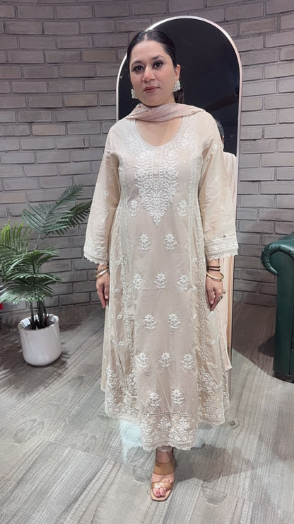 Tamana Beige chikankari Anarkali Designer Suit