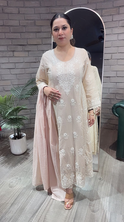 Tamana Beige chikankari Anarkali Designer Suit