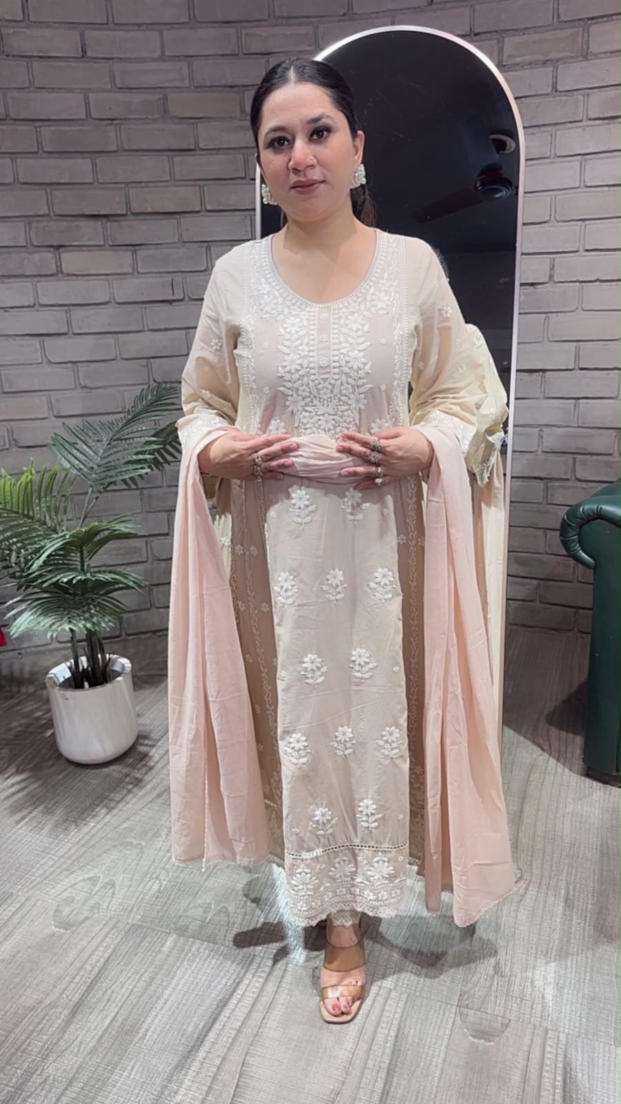 Tamana Beige chikankari Anarkali Designer Suit