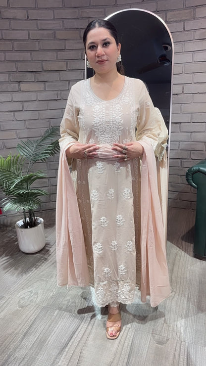 Tamana Beige chikankari Anarkali Designer Suit