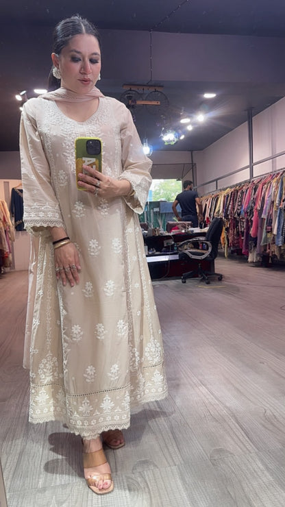 Tamana Beige chikankari Anarkali Designer Suit