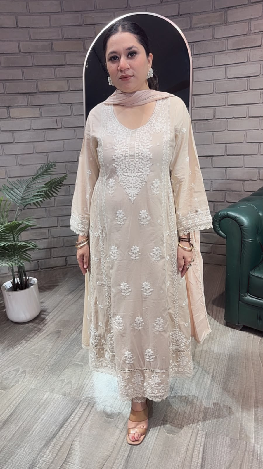 Tamana Beige chikankari Anarkali Designer Suit