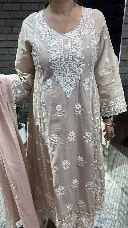 Tamana Beige chikankari Anarkali Designer Suit