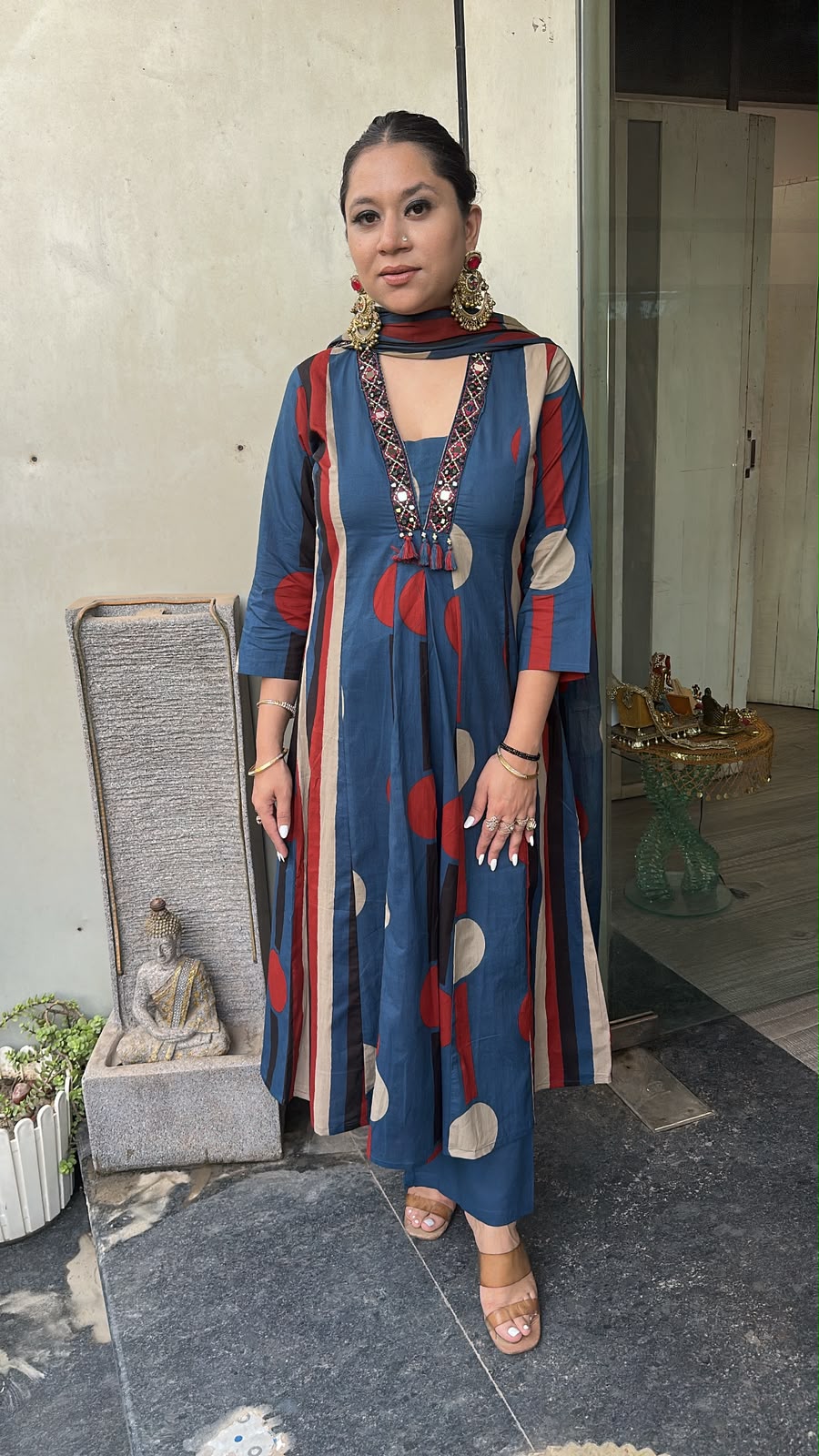 Retro Navy Blue A-Line Cotton Designer Suit