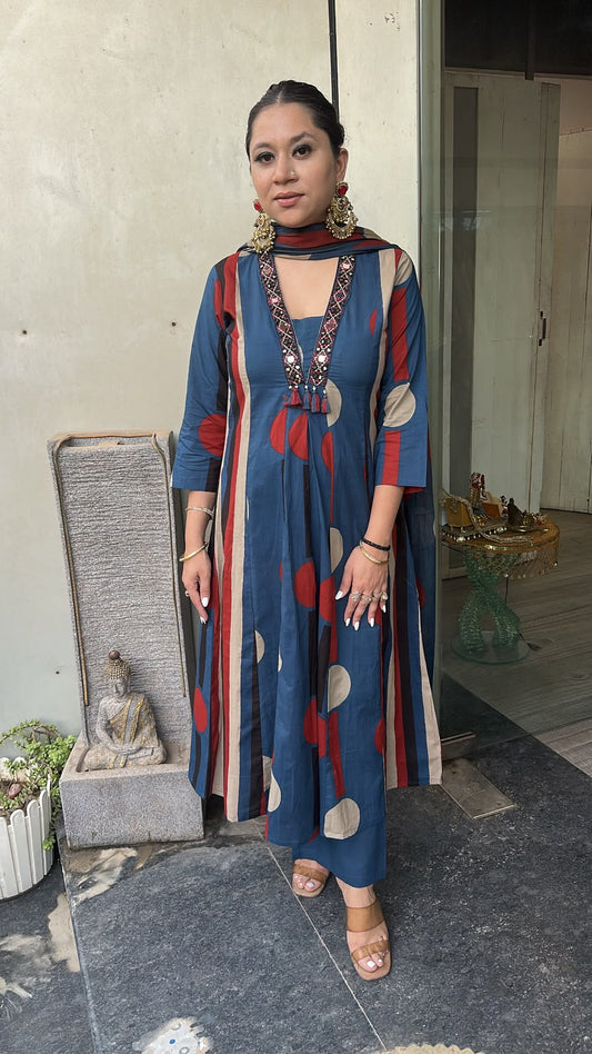Retro Navy Blue A-Line Cotton Designer Suit