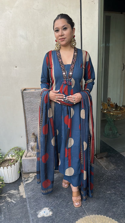 Retro Navy Blue A-Line Cotton Designer Suit