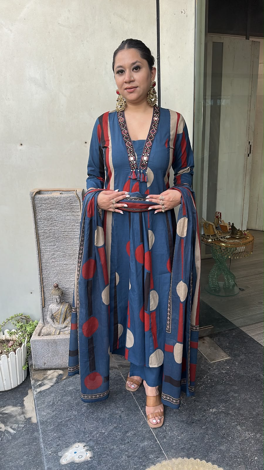 Retro Navy Blue A-Line Cotton Designer Suit
