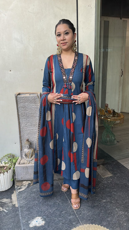 Retro Navy Blue A-Line Cotton Designer Suit