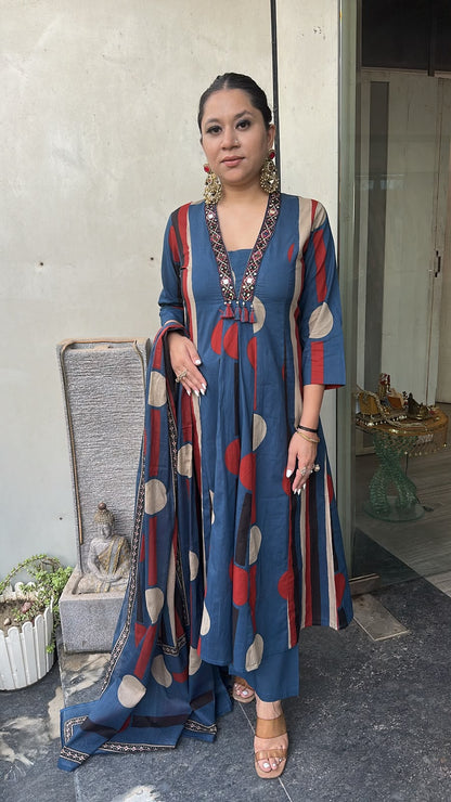 Retro Navy Blue A-Line Cotton Designer Suit