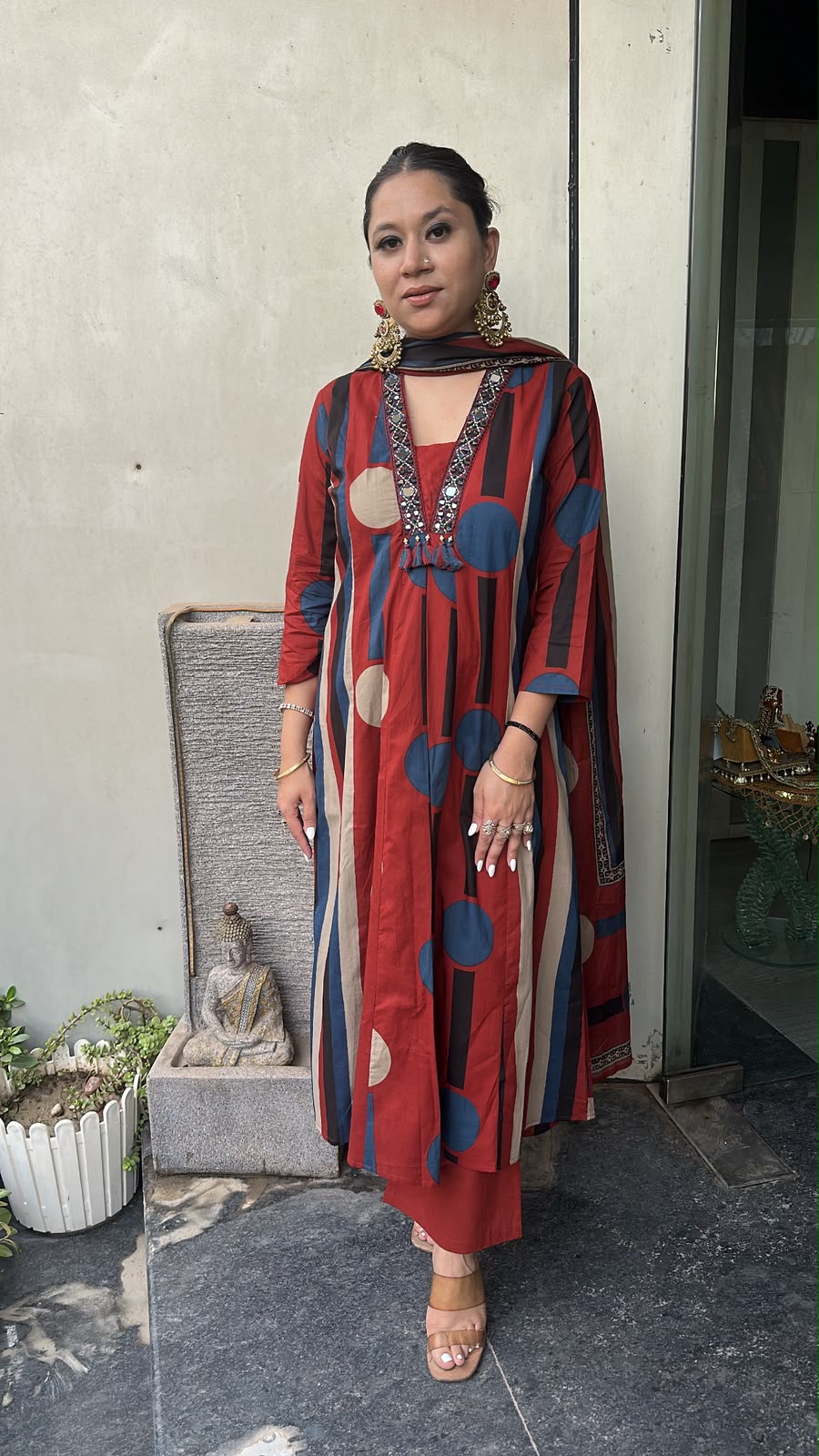 Retro Mahroon A-Line Cotton Designer Suit