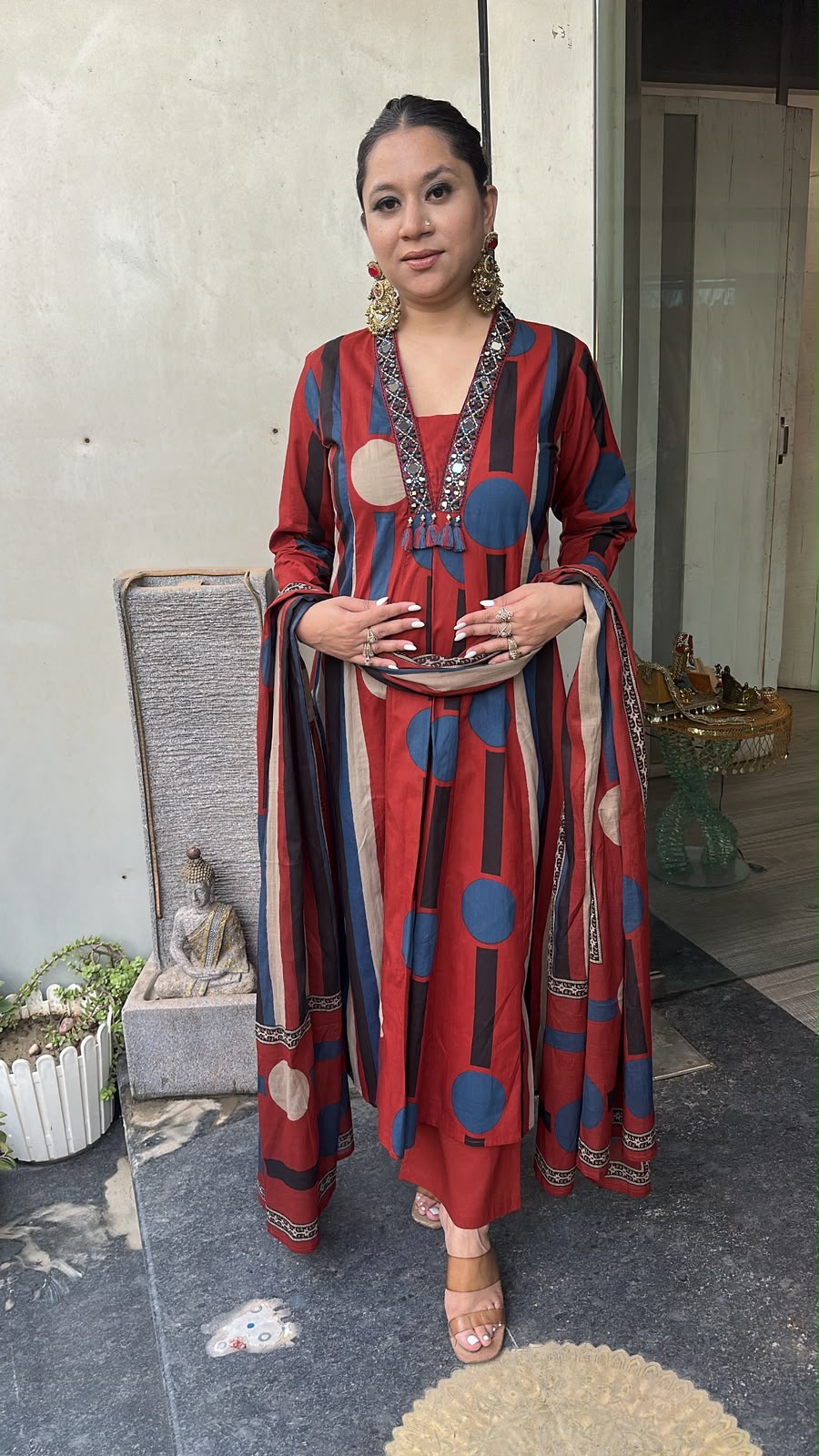 Retro Mahroon A-Line Cotton Designer Suit
