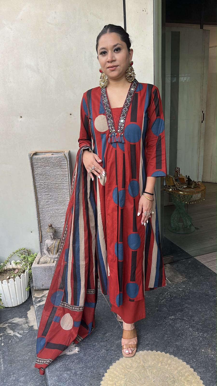 Retro Mahroon A-Line Cotton Designer Suit