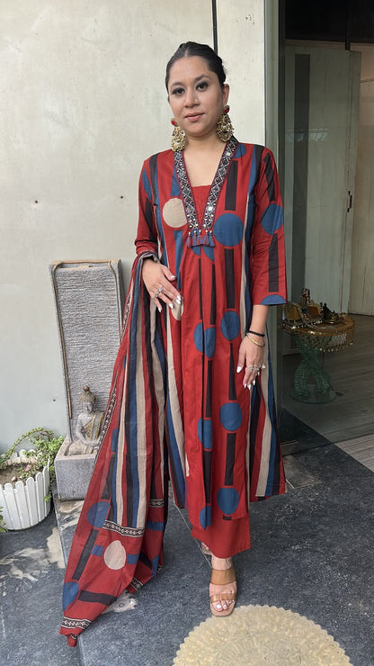 Retro Mahroon A-Line Cotton Designer Suit