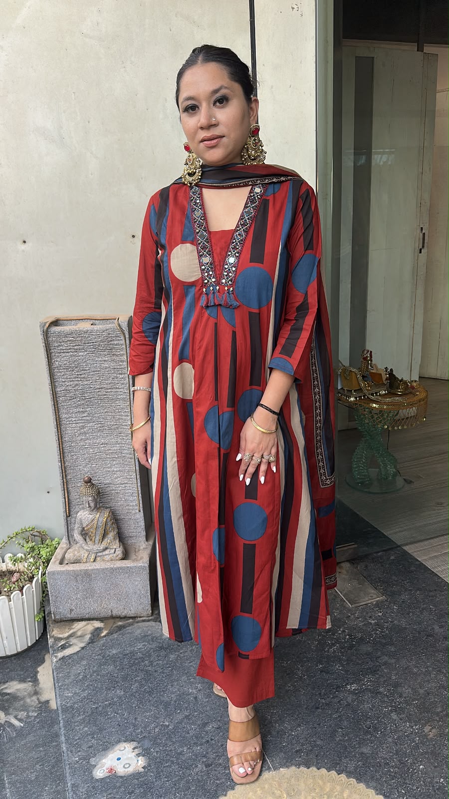 Retro Mahroon A-Line Cotton Designer Suit